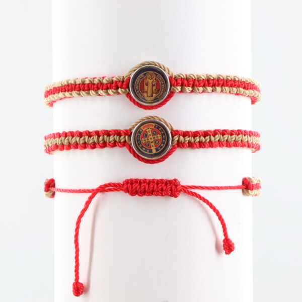 Double Sided St Benedict Adult Bracelet | Silver-Color Medal | Red & Gold