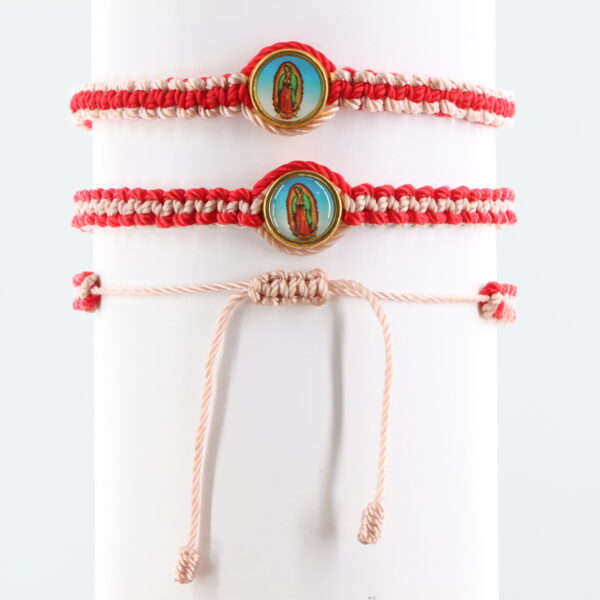 Double Sided Virgin Mary Adult Bracelet | Gold-Color Medal | Red & Petal Pink