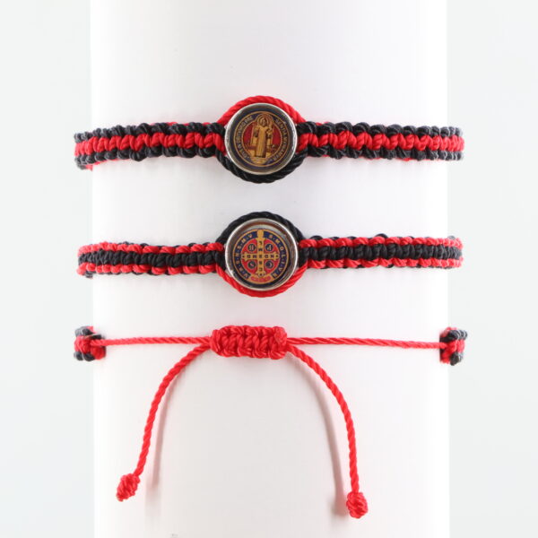 Double Sided St Benedict Reversible Adult Bracelet | Silver-Color Medal | Red & Black